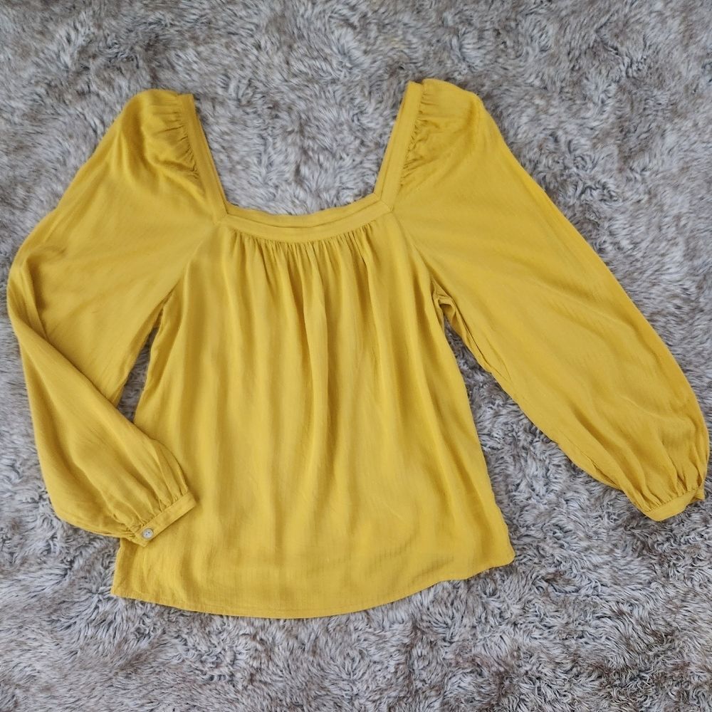 a new day Square Neck Bubble Sleeve Embossed Stripe Blouse Yellow Size Small‎